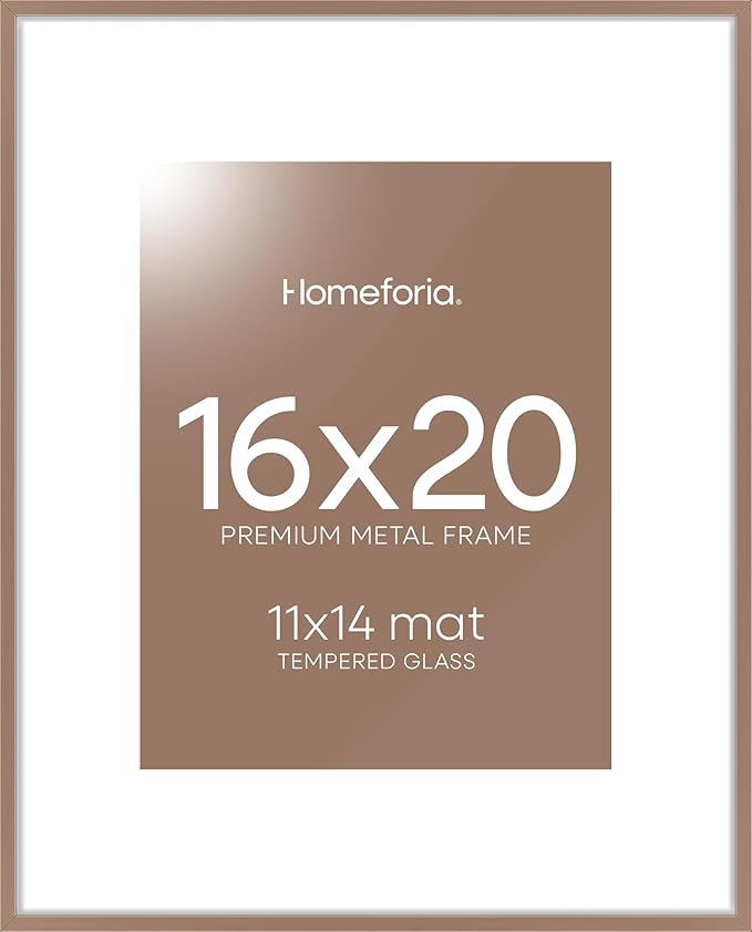 Homeforia 16 x 20 Picture Frame Mocha, High End Metal 11x14 Matted for 16x20 Frame, 16 x 20 Mocha Poster Frame with Mat 11 x 14 inch Photo, 20x16 Thin Hanging Frame, Tempered Glass, Wall Kit, Set of 1