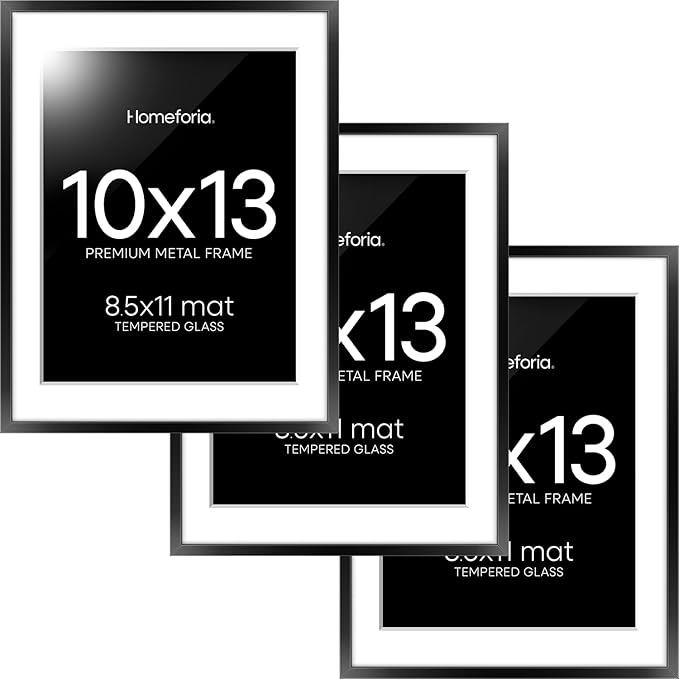 Homeforia Black 10x13 Picture Frame, High End Metal 10x13 Poster Frames with Mat 8.5x11, 10 x 13 Black Frames Matted to 8.5 x 11 inch Photo, 10 by 13 Hanging Frames, Tempered Glass, Wall Kit, Set of 3