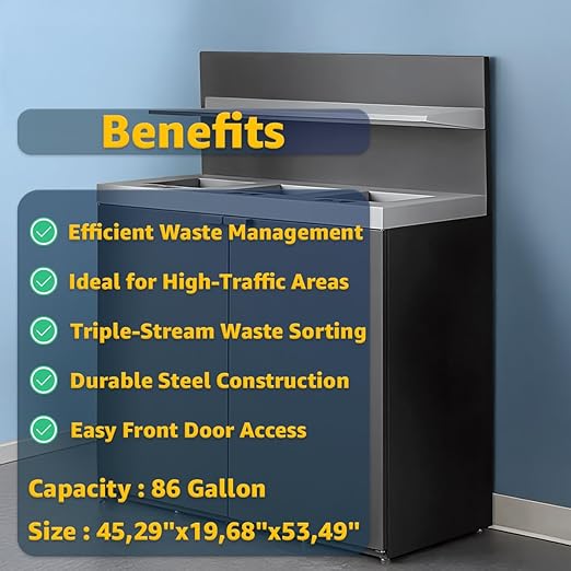 3-Stream Dark Gray Steel Garbage Recycling Station with Tray Holder 86 Gallon for Kitchen, Commercial Decorative Compost Bin