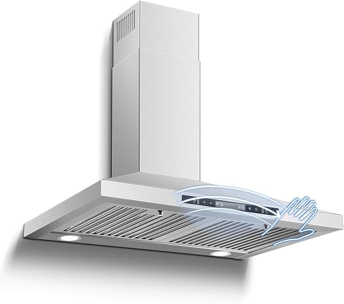 SNDOAS Wall Mount Range Hood 30 inch with Touch and Gesture Sensing Control,Chimney-Style Stainless Steel Range Hood,Vent Hood 30 inch Ducted/Ductless Convertible Kitchen Hood,Baffle Filters