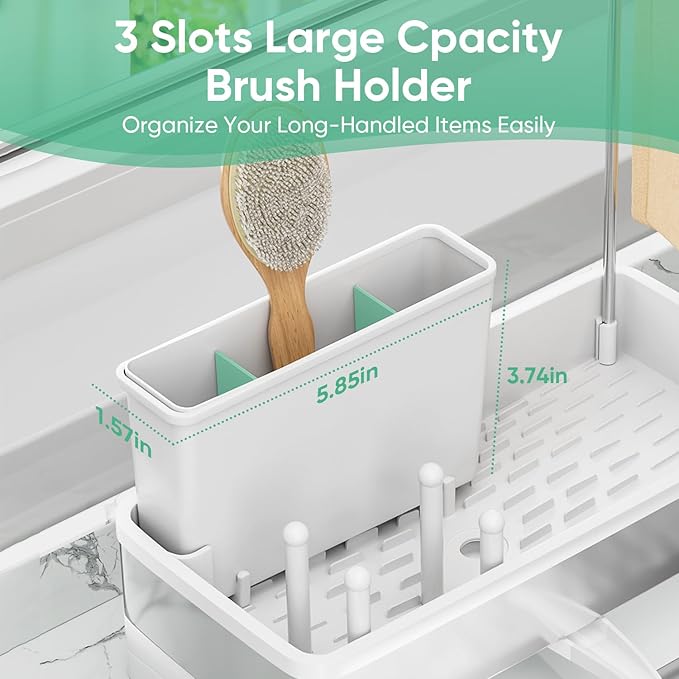 VUSIGN Sponge Holder for Kitchen Sink, Sink Caddy Organizer with Brush Holder, Rustproof Stainless, Self-Draining Sink Organizer for Countertop, Sponges, Brushes, Kitchen Decor and Accessories, White