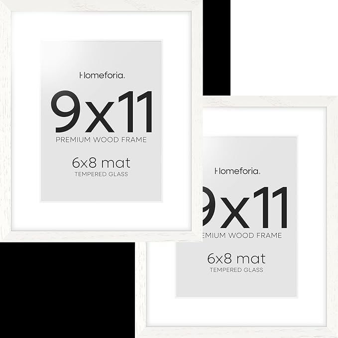 Homeforia 9x11 Frame White Wood, High End Oak 9 x 11 Picture Frames with Mat 6 by 8 Print, 9by11 White Wooden Frame Matted to 6x8 inch Photo, Wall or Tabletop Frames, Tempered Glass, Wall Kit, Set of 2