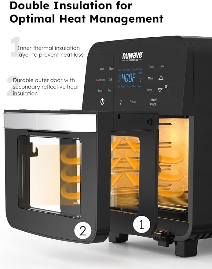 Nuwave Brio Air Fryer Oven, 15.5Qt X-Large Family Size, SS Rotisserie Basket &-Skewer Kit, Powerful 1800W, 50F-425F Temp Controls, Integrated Smart Thermometer