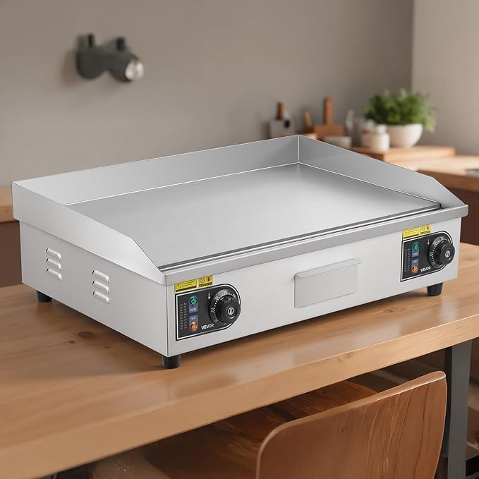 VEVOR Commercial Electric Griddle, 28.54 x 15.75 in, 2800W, 122-570°F Adjustable Temp Control, Stainless Steel Countertop Flat Top Grill with 2 Spatulas, 2 Brushes, 4 Foot Pads, for Steak(NO PLUG)