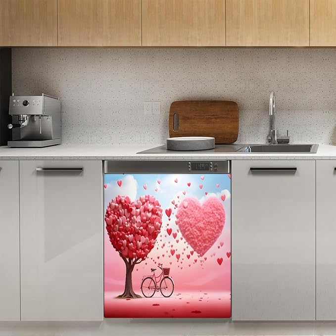 Bicycle Valentine's Day Love Dishwasher Magnet Cover, Reusable Refrigerator Panel Stickers Microwave Front Door Covers Magnets for Kitchen Home Appliances Holiday Party Decorations 23 X 26 in