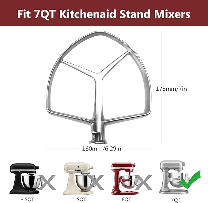 Flat Beater for KitchenAid 7QT Bowl-lift Stand Mixers, Stainless Steel Paddle Accessories for Kitchen aid, Dishwasher Safe