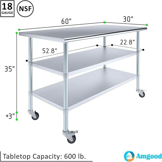 AmGood Stainless Steel Work Table with 2 Shelves and Casters | Metal Utility Table On Wheels (Stainless Steel Work Table with 2 Shelves + Casters, 60" Long x 30" Deep)