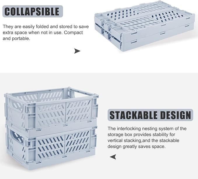 Plastic Storage Baskets for Desk Organizing, Office Drawer Organizer, 2 Medium+2 Small Durable Folding Storage Crate for Home Kitchen Classroom Office Bedroom and Bathroom Storage (Blue)