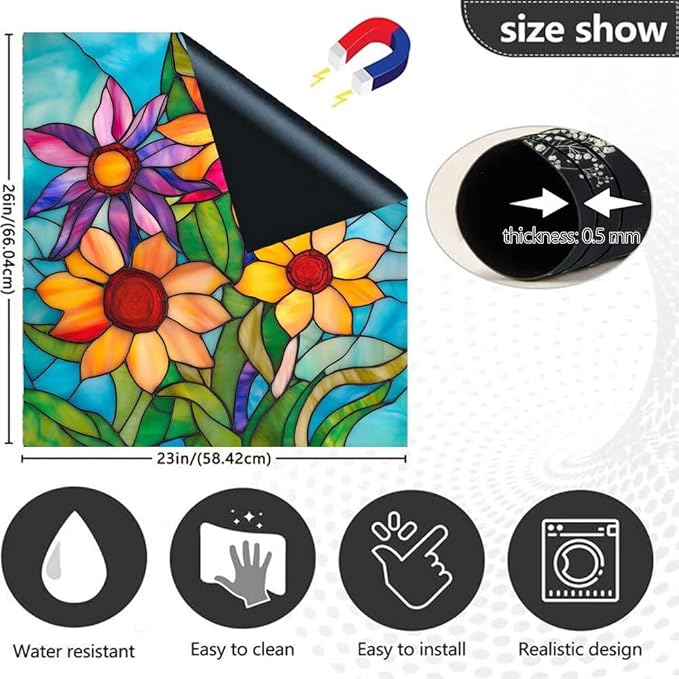 Farmhouse Stained Glass Sunflower Dishwasher Magnet Cover,Pastoral Flowers Magnetic Dishwasher Cover Vinyl Sticker,Fridge Door Cover Magnets Art Skin Panel Decal,Home Decor Decal,23"X26"