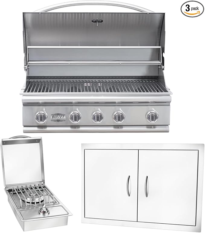 Bullet by Bull Stainless Steel Outdoor Kitchen Set - Built-In Natural Gas Grill, Perfect for Entertaining -BBQ Kitchen Isl& Bundle - Includes 5 Burner Grill, Double Access Door & Side Burner
