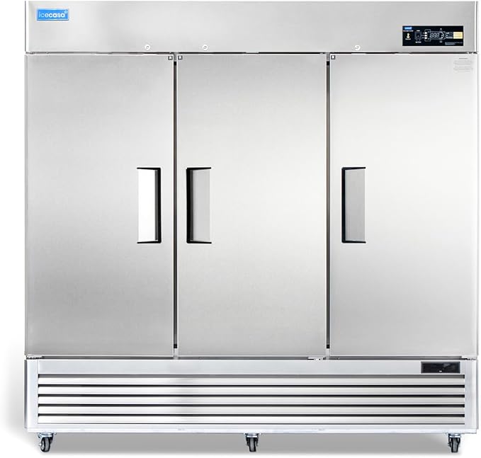 ICECASA 82" W Commercial Refrigerator Reach-in 72 Cu.ft 3 Solid Door Stainless Steel Commercial Refrigerator Fan Cooling for Restuarant, Bar, Shop, etc