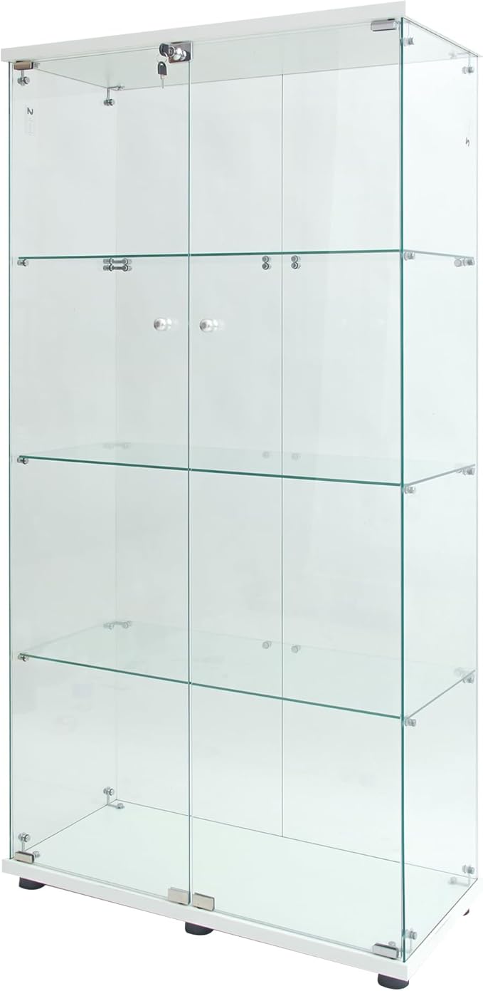 64.5" H 4-Shelf LED Lights Glass Display Cabinet with Double Door,Modern Curio Cabinet Collection Display Case,Floor Standing Bookshelf Glass Case with Lock for Living Room,Home Office (White)