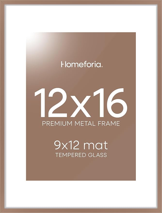 Homeforia 12x16 Picture Frame Mocha, High End Metal 12x16 Poster Frames with Mat 9x12 for Photo, 12 x 16 Mocha Frame Matted to 9 by 12 inch Print, 16x12 Thin Frames, Tempered Glass, Wall Kit, Set of 1