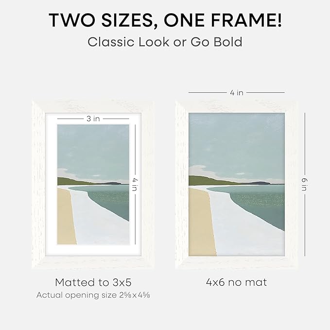 Homeforia White Picture Frames 4x6, High End Oak 4x6 Wooden Frame with Mat 3x5 Art, 4 x 6 White Wood Frames Matted to 3 x 5 inch Photo, 6by4 Wall or Tabletop Frame, Tempered Glass, Wall Kit, Set of 2