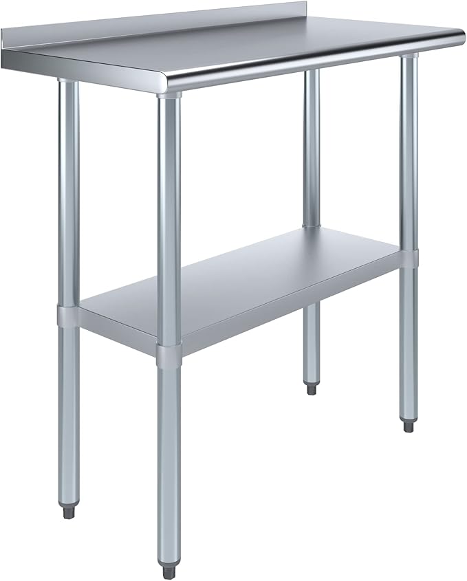AmGood 36" Long x 18" Deep Stainless Steel Work Table with 1.5" Backsplash | Metal Kitchen Food Prep Table | NSF