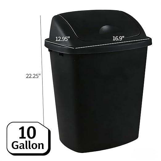10 Gallon Plastic Garbage Bin with Lid, Swing Top Waste Container, Kitchen Trash Can with Swing Lid, Black, 4 Packs