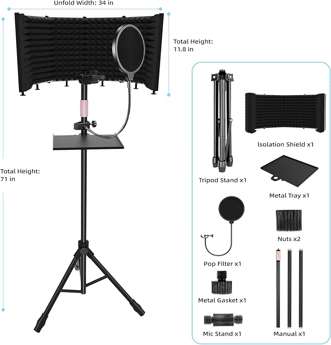 Microphone Isolation Shield – Foldable & Adjustable Soundproof Panel for Recording, Podcasting, Vocal Booth, Studio & Home Use (Six-sided high stand)