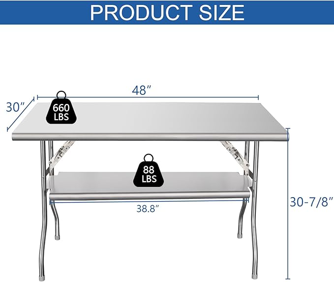HARDURA Folding Stainless Steel Table 30X48 Inches with Adjustable Undershelf and Legs NSF Commercial Portable Folding Prep Table for Restaurant Kitchen Home and Hotel