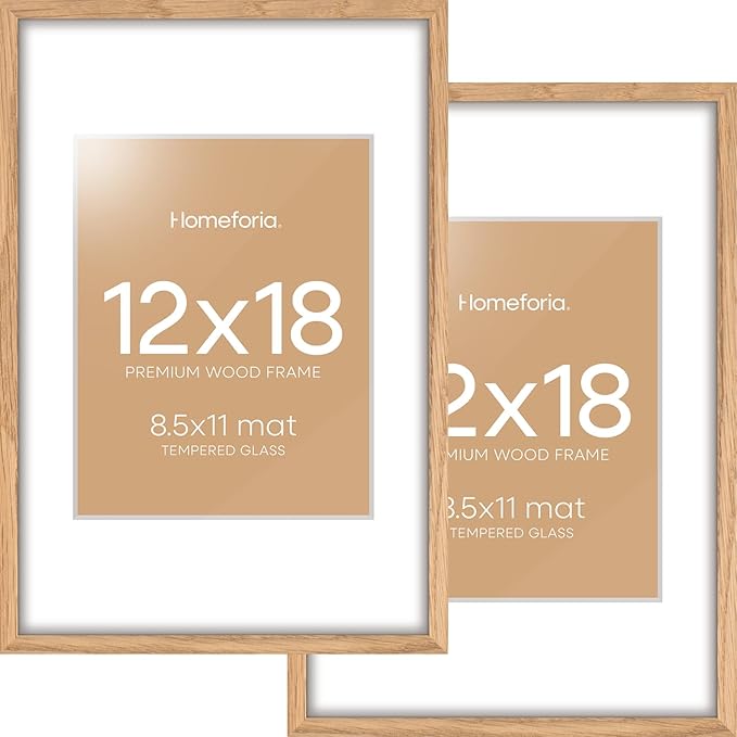 Homeforia 12x18 Picture Frame Wood, High End Natural Oak 12x18 Light Wooden Poster Frame with Mat 8.5x11, 12 x 18 Frames Matted to 8.5 by 11 Photo, 18x12 Thin Frame, Tempered Glass, Wall Kit, Set of 2