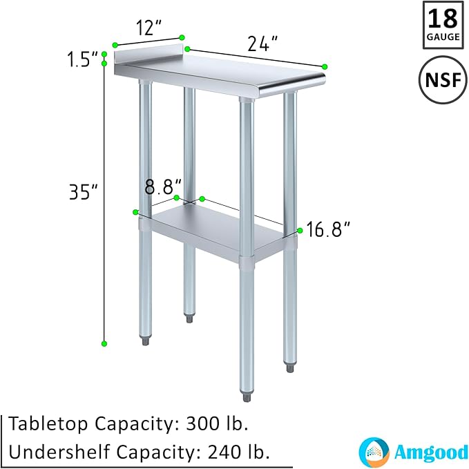AmGood Stainless Steel Work Table with 1.5" Backsplash | Metal Kitchen Food Prep Table | NSF (12" Long x 24" Deep)