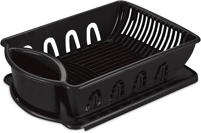 Sterilite Large 2 Piece Sink Set, with Drainboard for Drying, Holds Clean Dishes in the Kitchen such as Plates, Cups, and Silverware, Black, 6-Pack