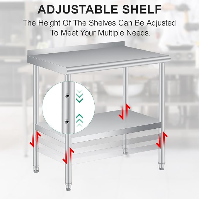 Stainless Steel Prep Table, 30 x 24 Inches, with Backsplash, Adjustable Undershelf, Commercial Heavy Duty Table with Adjustable Under Shelf for Outdoor Use,Restaurants,Hotels,Works