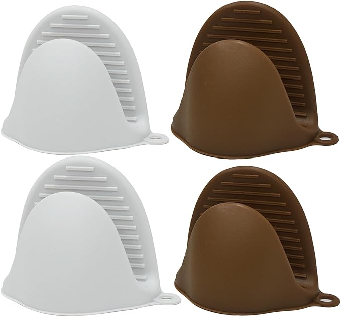Silicone Kitchen Oven Mitts Set, Finger Protector Cooking Pinch Grips Pot Holder Toaster Hot Plate Gripper Oven Accessories,BBQ Baking Mittens Heat Resistant Gloves,2 Pairs（Brown and 2c Gray）