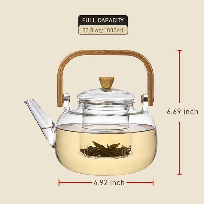 1000ml (33.8oz) Borosilicate Glass Teapot with Wooden Handle, Stovetop Safe Clear Tea Kettle with Removable Glass Infuser for Blooming Tea and Loose Leaf Tea