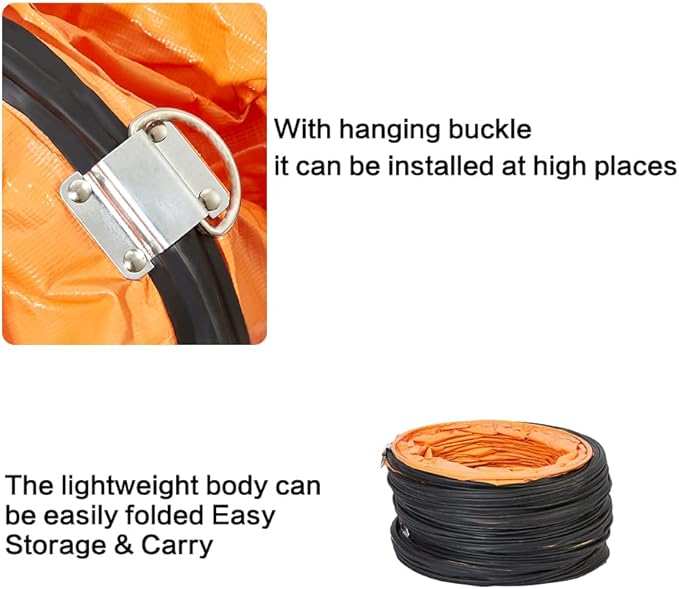 PVC Flexible Duct Hose 25FT, HVAC Duct Hosing Flame Retardant for Ventilator Utility Blower Fan with Adjustable Rope and D-Ring, Easy Storage (10inx25ft)