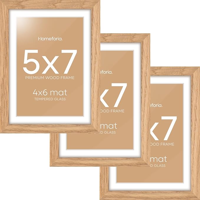 Homeforia 5x7 Picture Frame Wood, High End Natural Oak 5x7 Light Wooden Frames with Mat 4x6 for Photo, 5 x 7 Frame Matted to 4 x 6 Print, 7x5 Wall or Tabletop Frame, Tempered Glass, Wall Kit, Set of 3