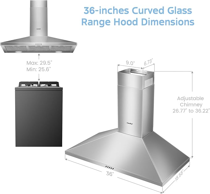 COMEEE' CVP36W6AST 36 Inch Ducted Pyramid Range 450 CFM Stainless Steel Wall Mount Vent Hood with 3 Speed Exhaust Fan, 5-Layer Aluminum Permanent Filters, Two LED Lights, Convertible to Ductless