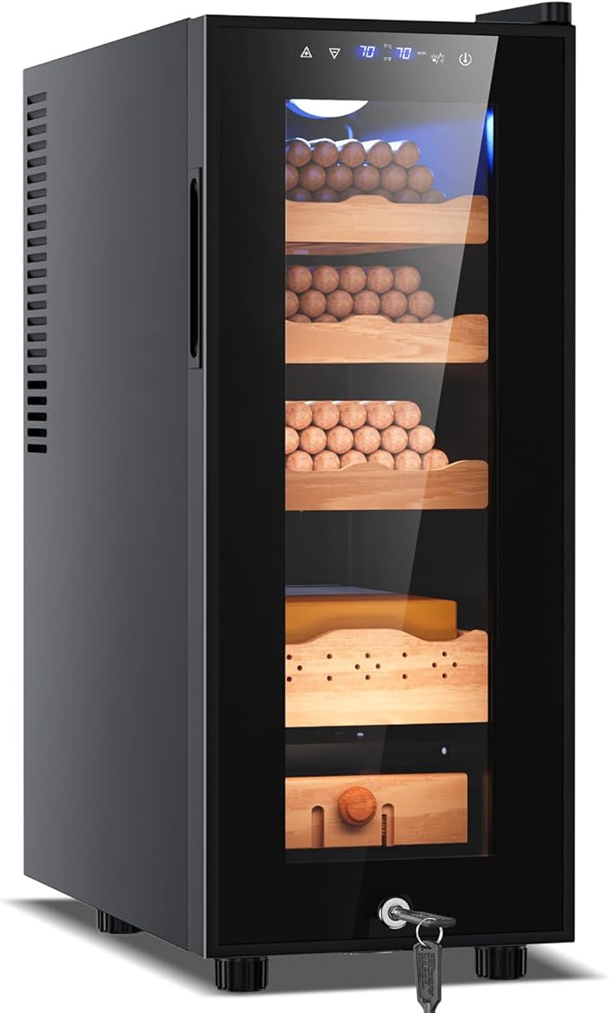 Electric Cigar Humidor Cabinet 35L, Tylza Electric Humidors for Cigars with Temp & Humidity Control, Digital Hygrometer, Lock, Refrigerator, Cigar Humidors with Cedar Wood Drawer Shelves, 260 Cigars