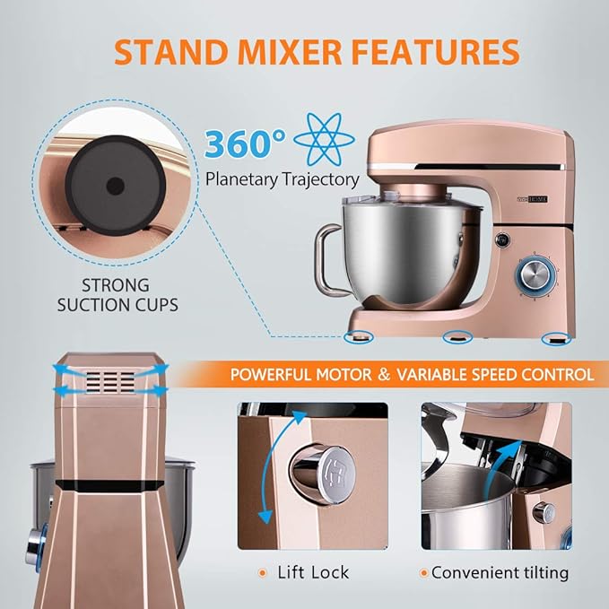 VIVOHOME 7.5 Quart Stand Mixer, 660W 6-Speed Tilt-Head Kitchen Electric Food Mixer with Beater, Dough Hook, Wire Whip, and Egg Separator, Champagne