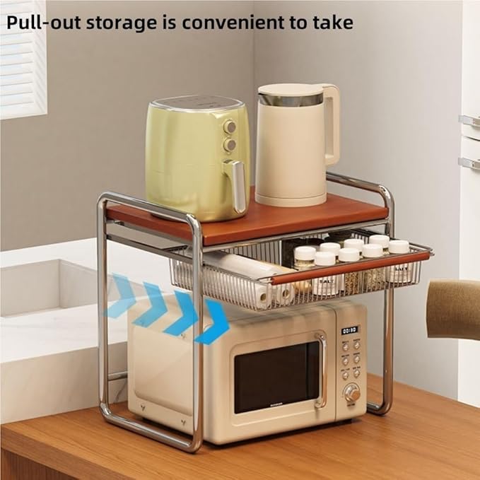 Multifunctional Microwave Stand with Storage, Solid Wood Spice Rack, Kitchen Countertop Organizer Shelf for Rice Cooker, Oven, Air Fryer and Seasoning(38.3cm/15.1in)
