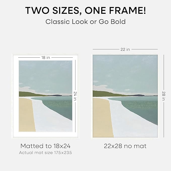 Homeforia 22x28 Poster Frame White, High End Oak 22 x 28 Wood Picture Frame with Mat 18 by 24 for Photo, 22x28 Large Wooden Frame Matted to 18x24, 28x22 Thin Frames, Tempered Glass, Wall Kit, Set of 2