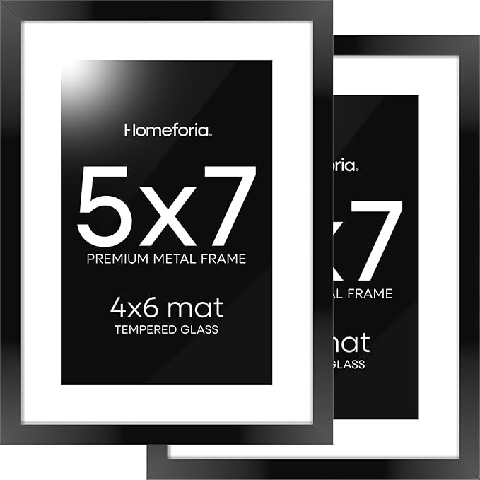 Homeforia 5x7 Picture Frame Black, High End Metal 5 x 7 Black Frames with Mat 4 x 6 for Art, 5x7 Desk Frame Matted to 4x6 inch Photo, 5 by 7 Wall or Tabletop Frames, Tempered Glass, Wall Kit, Set of 2