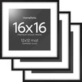 Homeforia 16x16 Black Wood Frame, High End Oak 16 x 16 Square Picture Frames with Mat 12 by 12 inches Photo, 16by16 Black Wooden Poster Frames Matted to 12x12 Print, Tempered Glass, Wall Kit, Set of 3