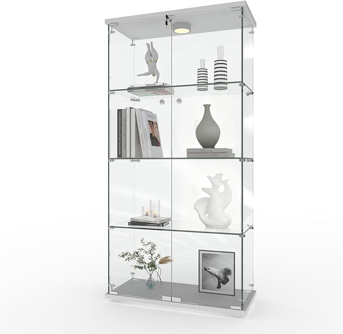 GarveeHome 4 Shelves Display Cabinet, Tempered Glass Curio Showcase with LED Light & Lock, Double Doors Storage Cabinet for Living Room Bedroom Office, White, 64x31.7x14.3 Inch