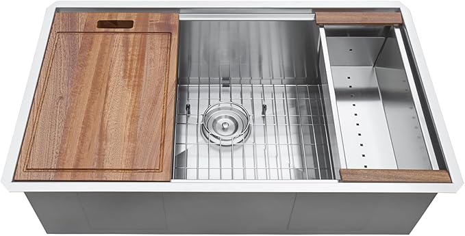 Ruvati 32-inch Undermount 16 Gauge Stainless Steel Workstation Kitchen Sink Single Bowl – Soundproof Multifunction Chef Sink with Cutting Board & Accessories, Brushed Finish Hides Scratches – RVH8300