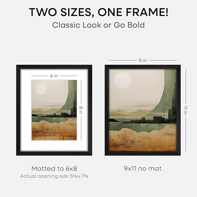 Homeforia 9x11 Black Wood Picture Frame, High End Oak 9 x 11 Frames with Mat 6 by 8 Print, 9by11 Black Wooden Frame Matted to 6x8 inch Photo, Wall or Tabletop Frame, Tempered Glass, Wall Kit, Set of 2