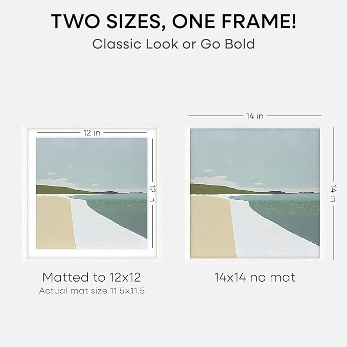 Homeforia 14x14 White Picture Frame, High End Oak 14 x 14 Square Wood Frames with Mat 12 by 12 inches Photo, 14by14 White Wooden Poster Frames Matted to 12x12 Print, Tempered Glass, Wall Kit, Set of 3