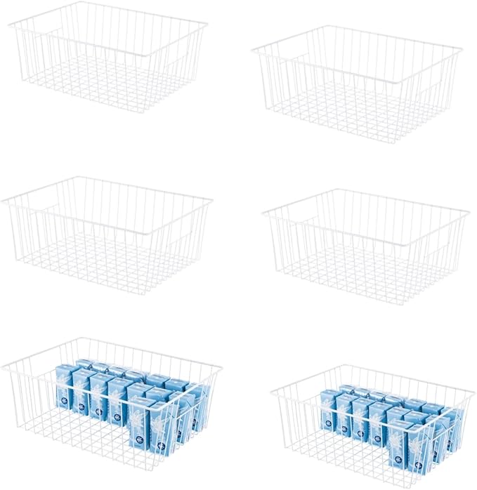 Upright Freezer Organizer Bins， Freezer Baskets for 16, 17, 21 cu.ft Standup Freezer, Wire Storage Baskets with Built-in Handles for Frozen Foods, Snacks, Vegetables, Fruits and More, Set of 6 , White