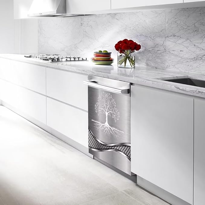 Stainless Steel Design Tree Pattern Dishwasher Magnetic Cover Sticker Refrigerator Door Panel Fridge Appliance Magnet Decal Sheet Kitchen Decor 23x26 inch