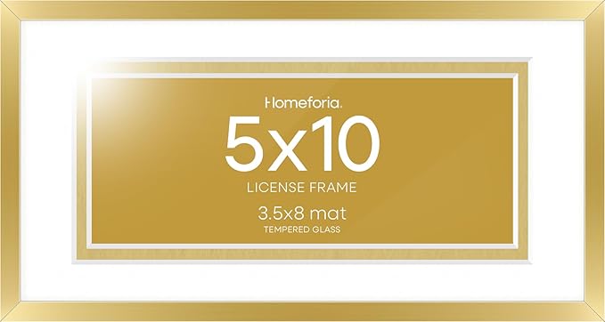 Homeforia 5x10 Business License Frame Gold, High End Metal 5 x 10 Document Certificate Frames with Mat 4x9, 5by10 Professional License Frame for Wall or Tabletop, Tempered Glass, Wall Kit, Set of 1