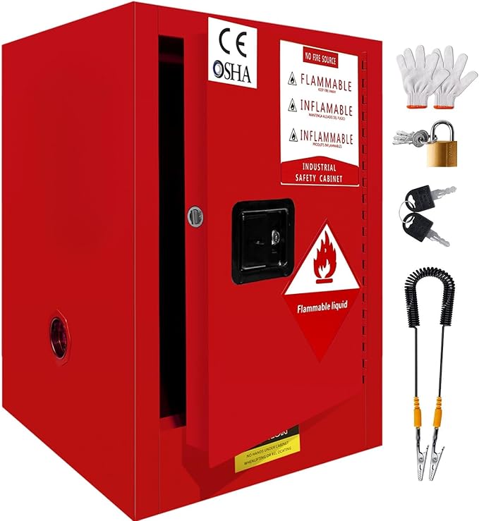 Flammable Storage Cabinet 16 Gallon Red, 18 Gauge Galvanized Steel Chemical Safety Cabinet, 3-Point Locking System & Adjustable Shelf for Warehouses, Industrial Use, Garage & Home