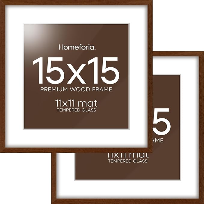 Homeforia 15x15 Picture Frame Brown, High End Dark Oak 15 x 15 Square Wood Frame with Mat 11 x 11 for Photo, 15by15 Wooden Walnut Poster Frame Matted to 11x11 Print, Tempered Glass, Wall Kit, Set of 2