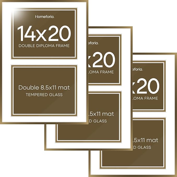 Homeforia 14x20 Double Diploma Frame Bronze, High End Metal 14 x 20 Certificate Frames with Mat for Two 8.5 x 11 Diplomas, 14by20 Dual Award Graduation Matted Frame, Tempered Glass, Wall Kit, Set of 3
