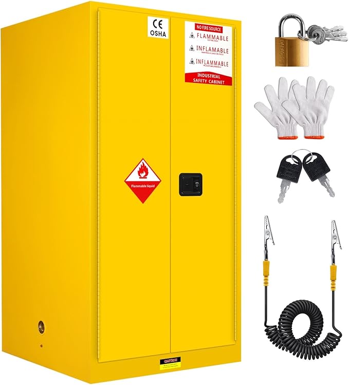 Flammable Storage Cabinet 90 Gallon Yellow, Galvanized Steel Large-Capacity Fire Resistant Cabinet, Dual Vents & 3-Point Lock for Warehouses, Industrial Use & Residential Garages