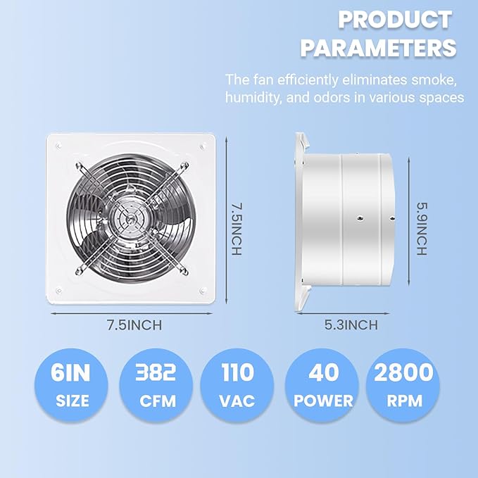 6" Kitchen Exhaust Fan with Variable Speed Controller, 382CFM Wall Mount Ventilation Fans, Metal Attic Exhaust Fan, Small Fume Extractor Ventilation Fan for Kitchen Bathroom Shop Smoking Room Garage