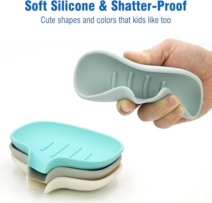 3 Pack Silicone Soap Dish with Drain, Bar Soap Holder for Shower/Bathroom, Self Draining Waterfall Soap Tray/Saver for Kitchen, Keep Soap Dry, Easy to Clean